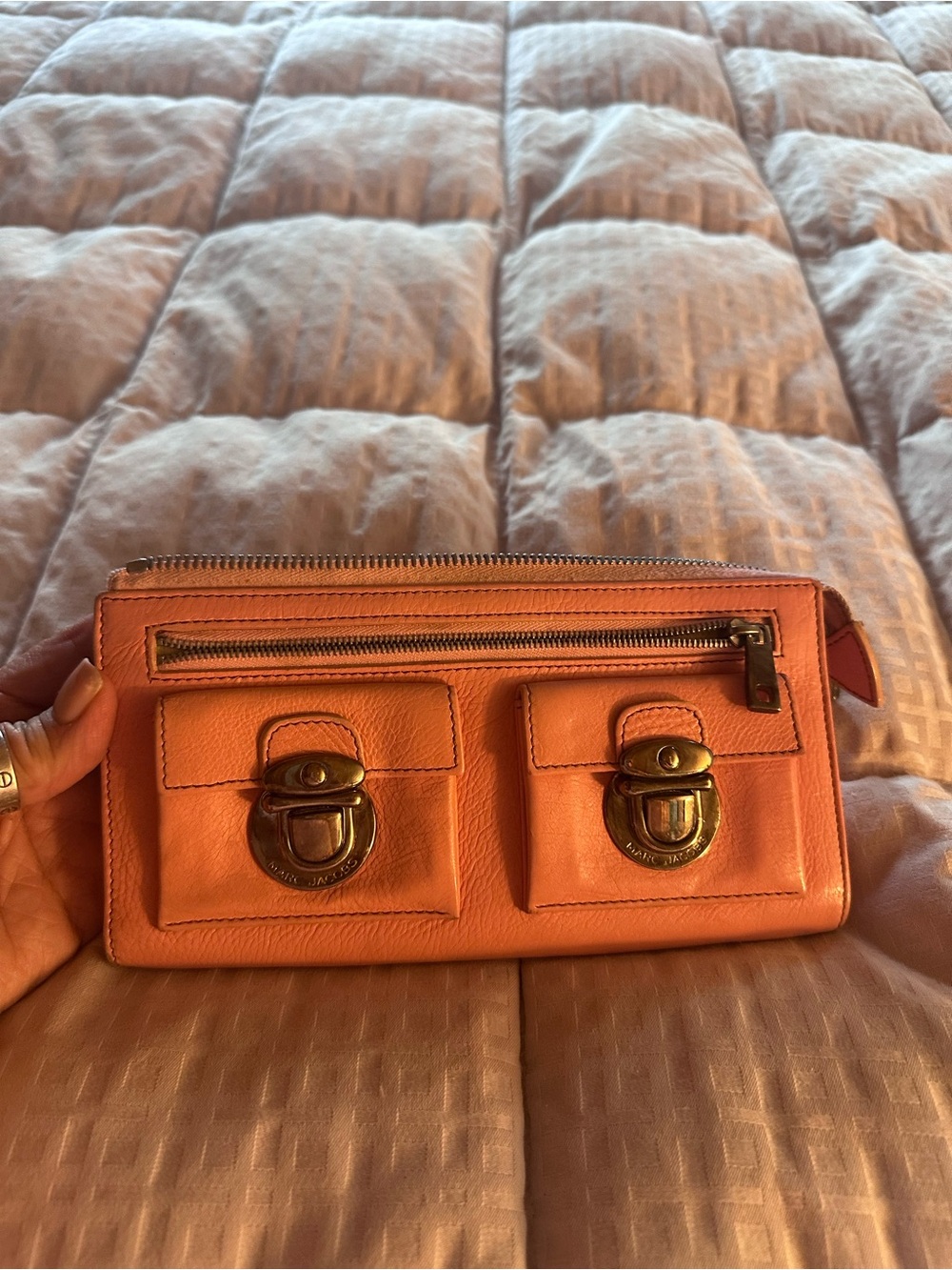 Marc Jacobs Coral Orange Leather Wristlet with Dual Front Pockets